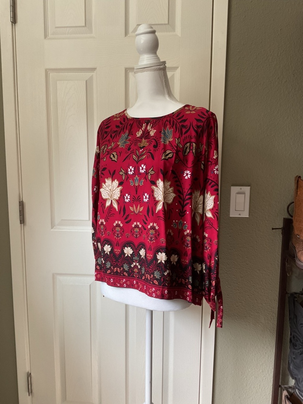 LOFT Red Floral Long-Sleeve Peasant Blouse